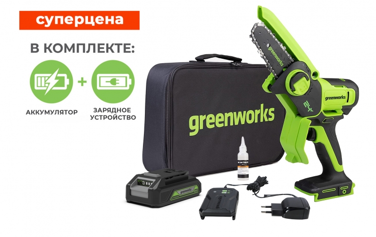 Мини-пила цепная аккумуляторная G24MCS10K2 24В (в комплекте АКБ 2А/ч + ЗУ)